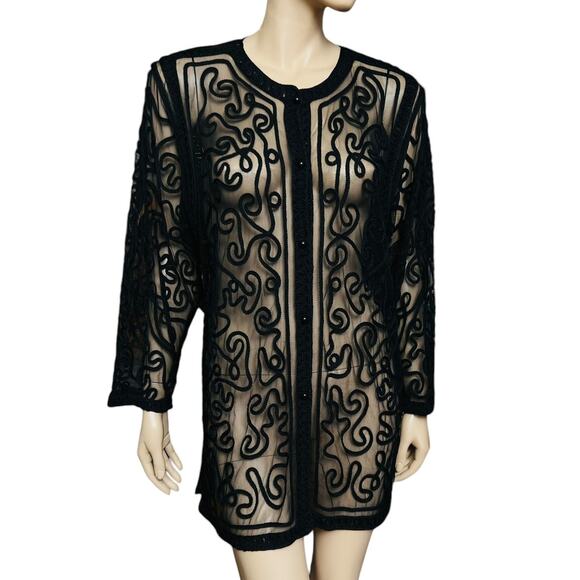 Vintage Jackets & Blazers - Vintage Black Mesh Ribbon Evening Jacket XXL Long Sleeves Front Button Closure